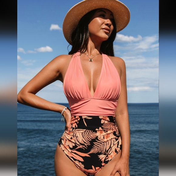 Havana Tropical Plunge Halter Ruched One Piece Swimsuit - M Pink & Black NWT - Picture 1 of 6